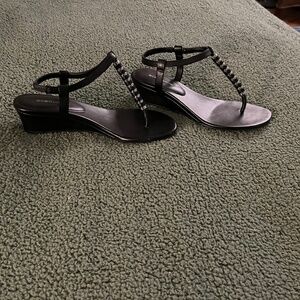 BCBGeneration black and silver leather sandals with wedge heel. Size 7. NWT.